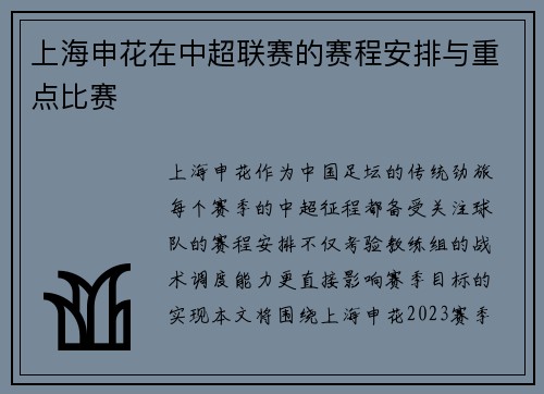 上海申花在中超联赛的赛程安排与重点比赛